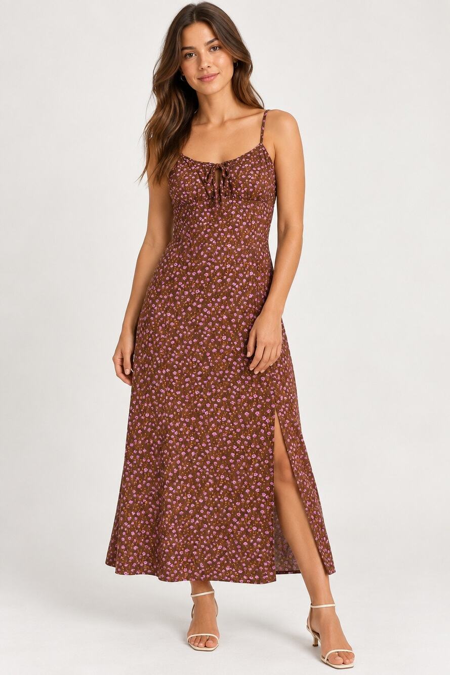No Boundaries Brown Floral Tie-Front Midi Dress – Size XL